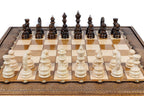 Carved chess and backgammon set - chess pieces set up for play