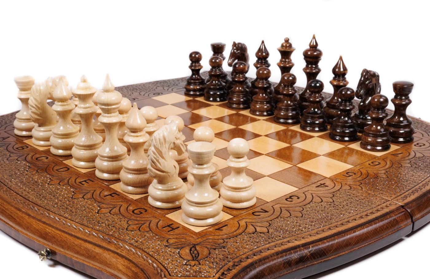 Handcrafted wooden chess set and wooden backgammon Armenian themed craftsmanship