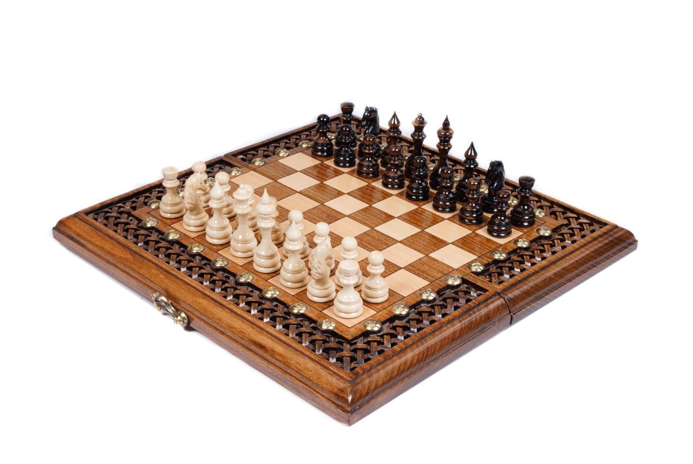 Wooden chess set with open lattice braid border and brass accents in beech wood — by Hrachya Ohanyan
