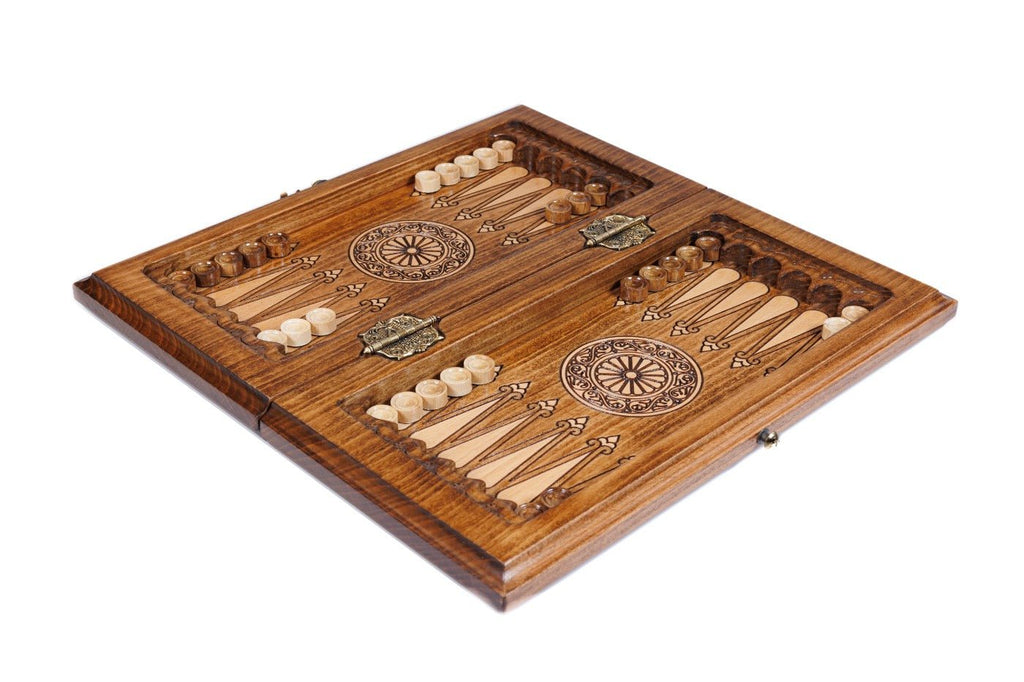 Solid beech wood chess and backgammon set with hand-carved open lattice border and double brass stud accents
