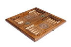 Solid beech wood chess and backgammon set with hand-carved open lattice border and double brass stud accents