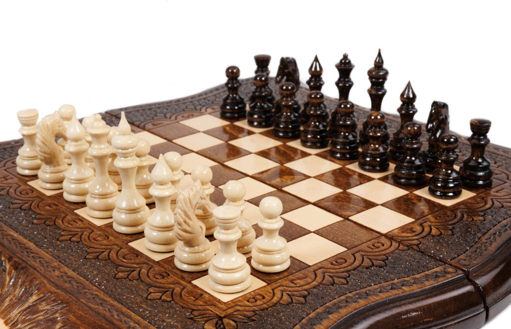 Handcrafted wooden chess set and wooden backgammon Armenian themed design