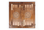 Pomegranate Grapes backgammon board - playing pieces and dice arranged on the board