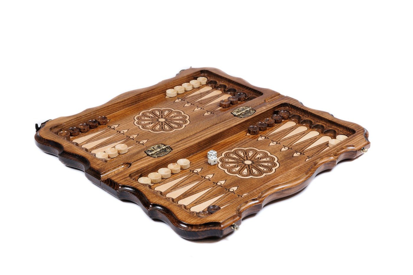 Wooden chess board featuring detailed Eternity carving and handcrafted finish