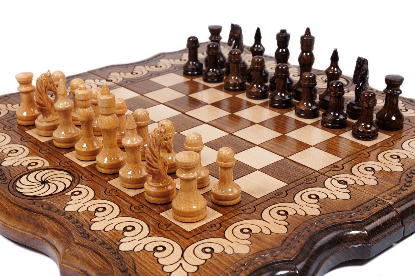 Compact handcrafted chess set with Eternity artwork and integrated backgammon board