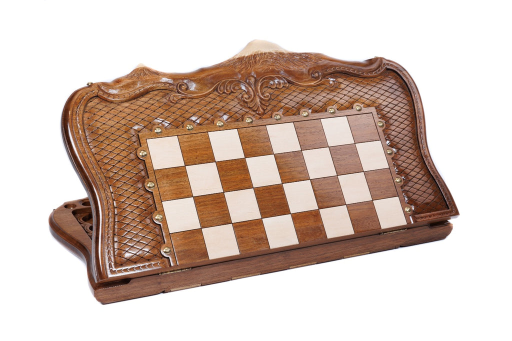 Mount Ararat outline chess board closed, showing the two peaks and light hornbeam snow inlay