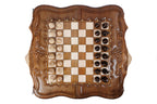 Top-down view of the Ararat outline walnut chess set with pieces in position