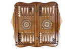 Backgammon field of the Ararat walnut set laid flat, carved points, wheel ornaments and checkers