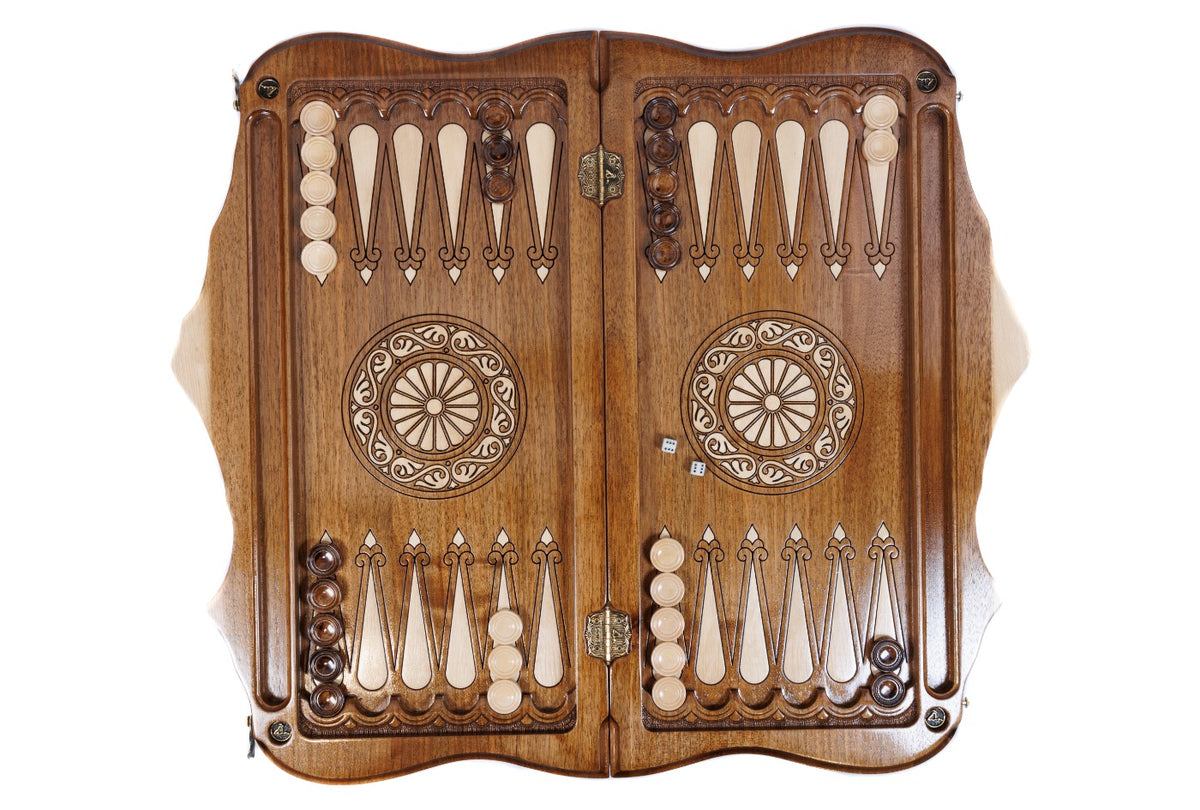 Backgammon field of the Ararat walnut set laid flat, carved points, wheel ornaments and checkers
