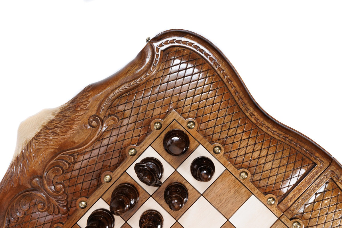 Ararat peak corner of the walnut board with hornbeam inlay, braid carving and dark pieces