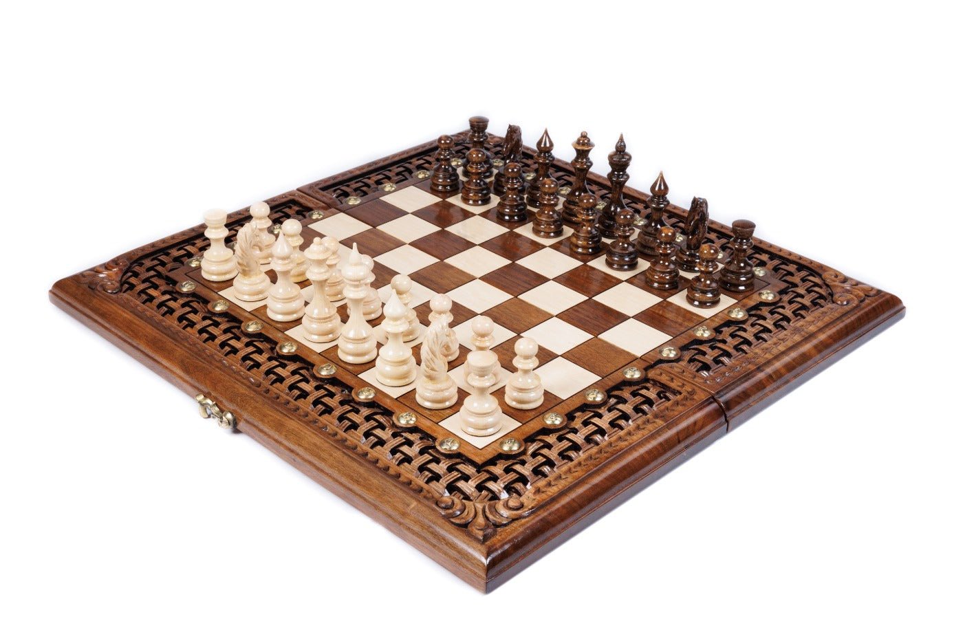 Wooden chess set in solid walnut with open lattice braid border and floral bas-relief corner carvings — by Hrachya Ohanyan