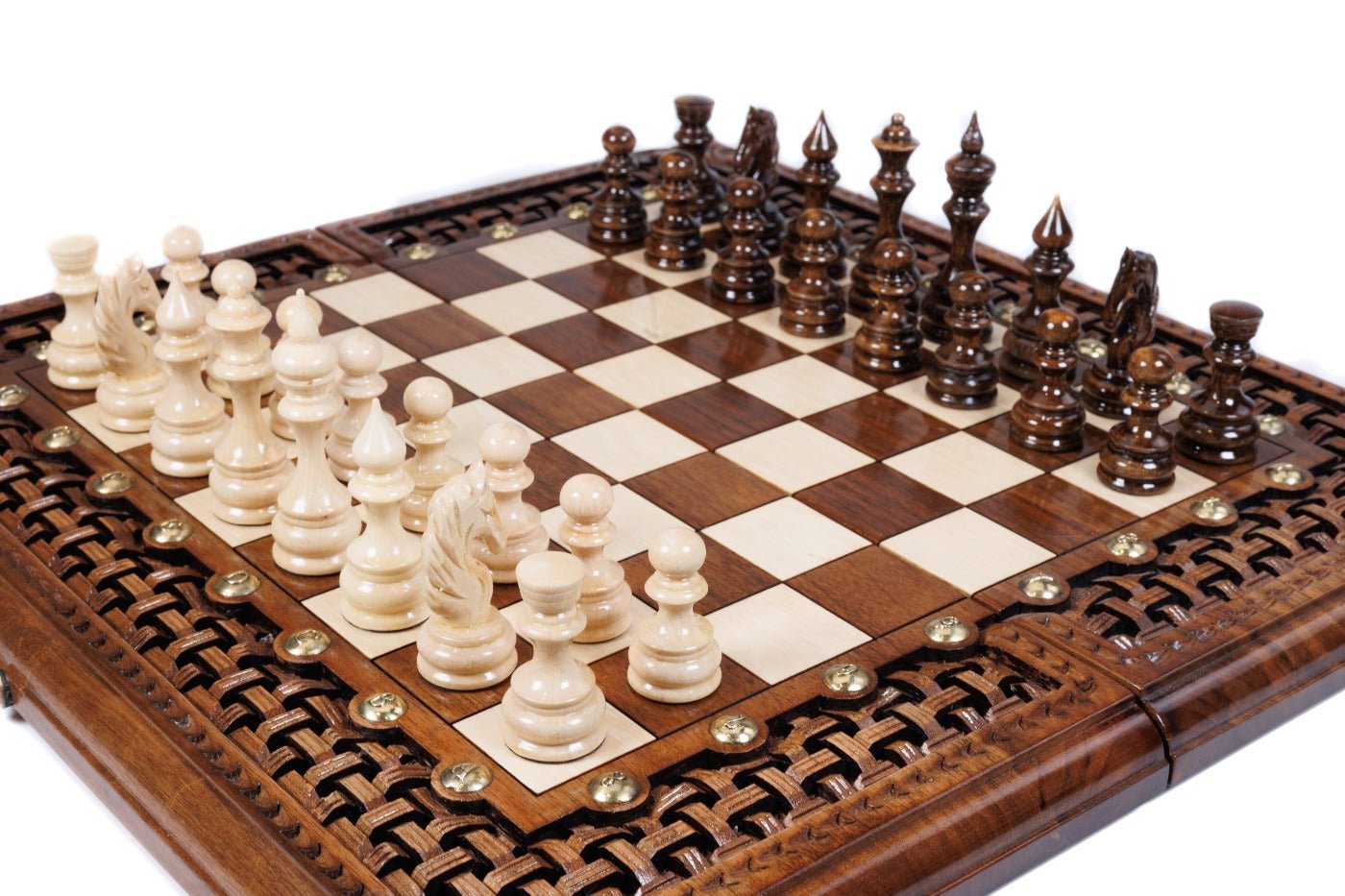 Handcrafted walnut chess board and backgammon set with lattice braid border and hand-carved floral corner details