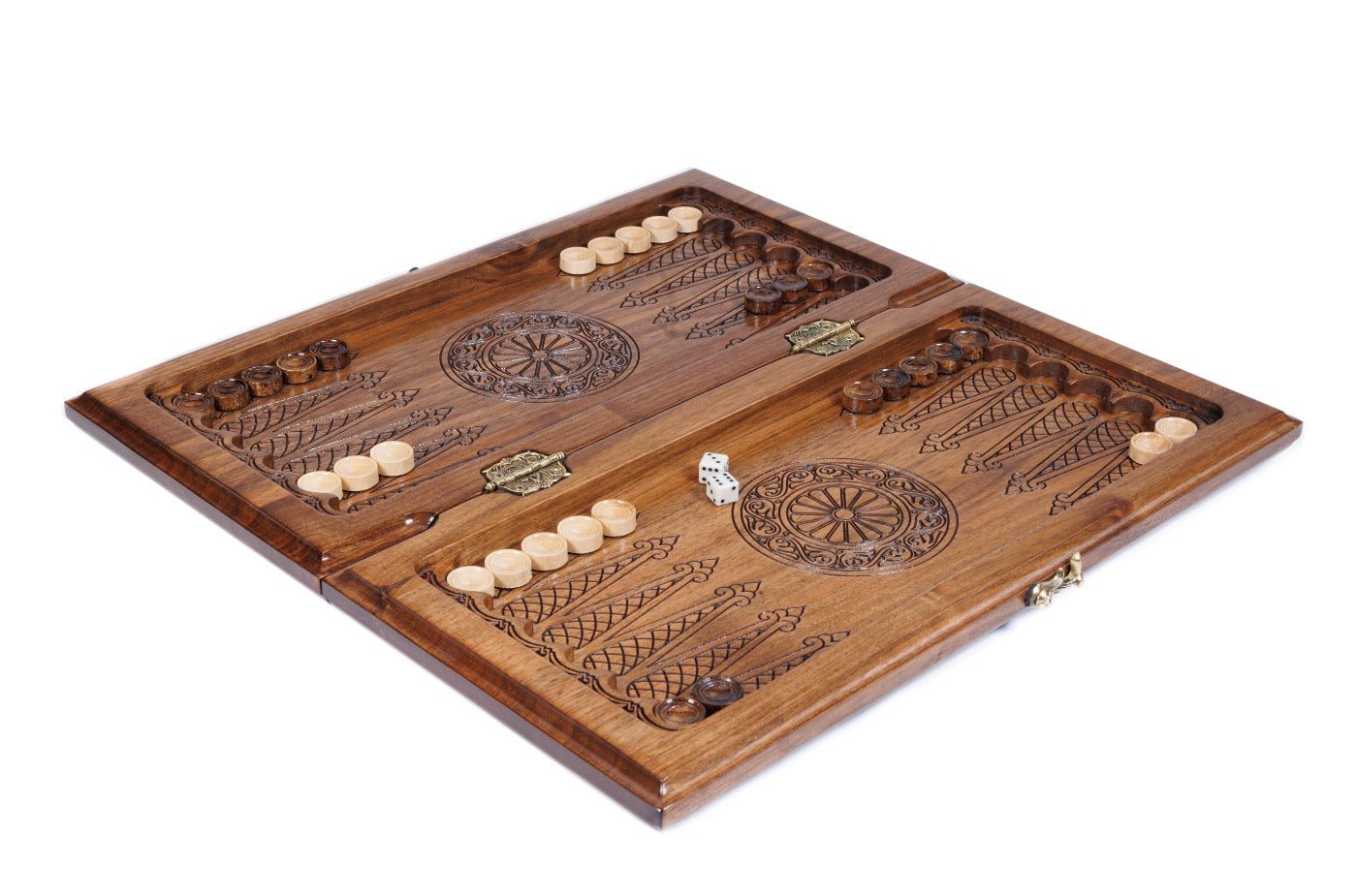 Solid walnut chess and backgammon set with open lattice carved border, bas-relief floral corners and brass stud accents