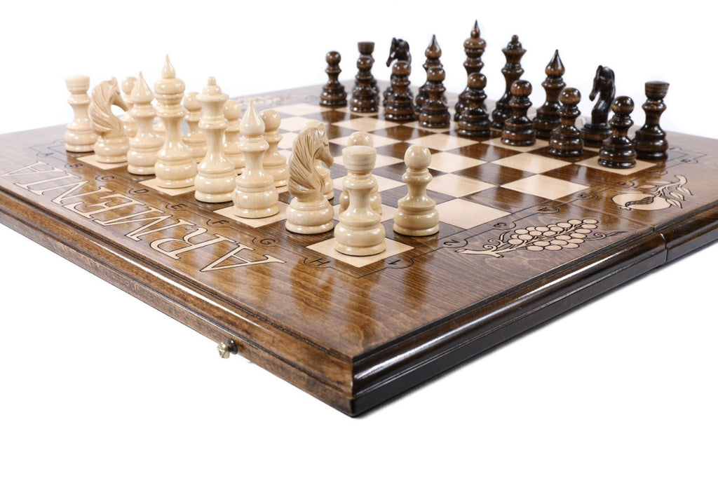 Handcrafted Armenian chess board and backgammon set with engraved Armenia lettering and cultural corner motifs