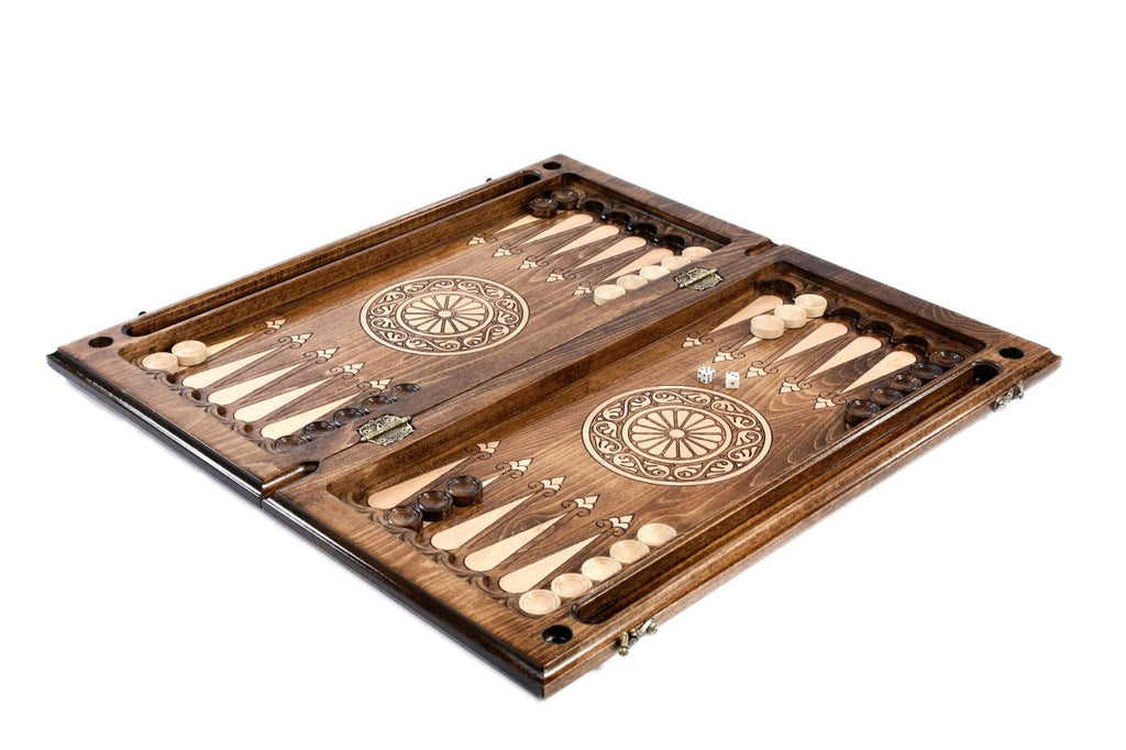 Dark beech wood Armenian chess and backgammon set with pomegranate grape vine engravings — 23.6"