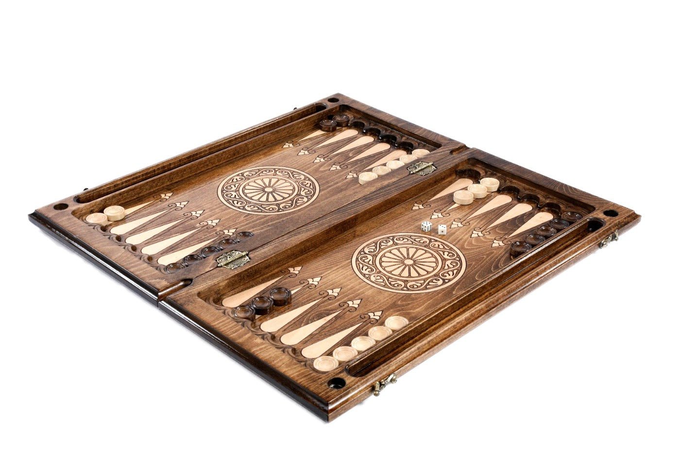 Dark beech wood Armenian chess and backgammon set with pomegranate grape vine engravings — 23.6"