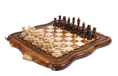 Luxury Armenian wooden chess set with Mount Ararat outline design