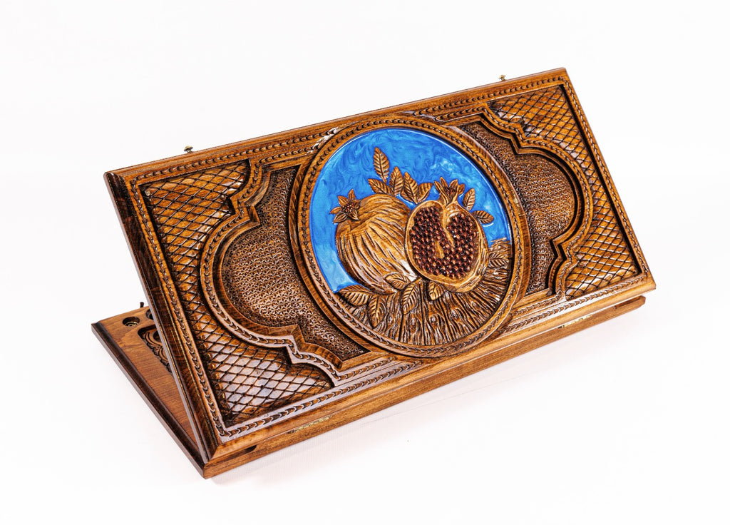 Pomegranate epoxy backgammon set with artistic resin design and luxury wooden board