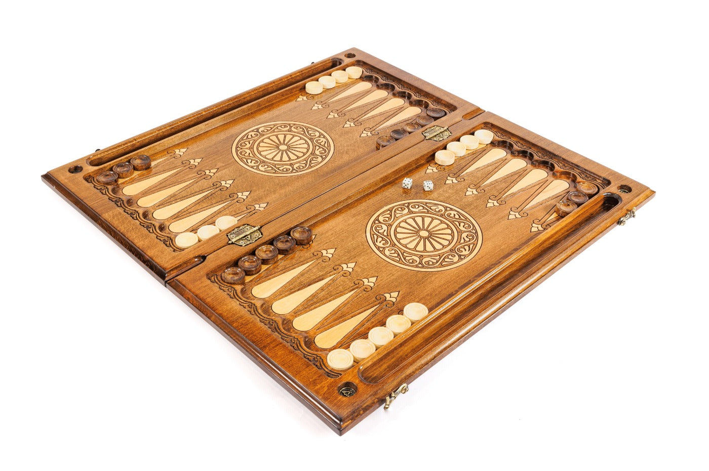 Luxury wooden backgammon board with epoxy resin pomegranate design for elegant gameplay