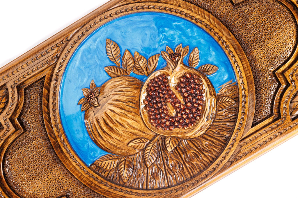 Handmade epoxy backgammon by Hrachya Ohanyan with detailed pomegranate pattern
