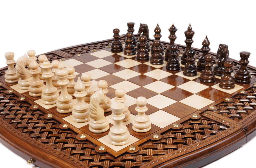 Handcrafted wooden chess set and wooden backgammon with contour outline