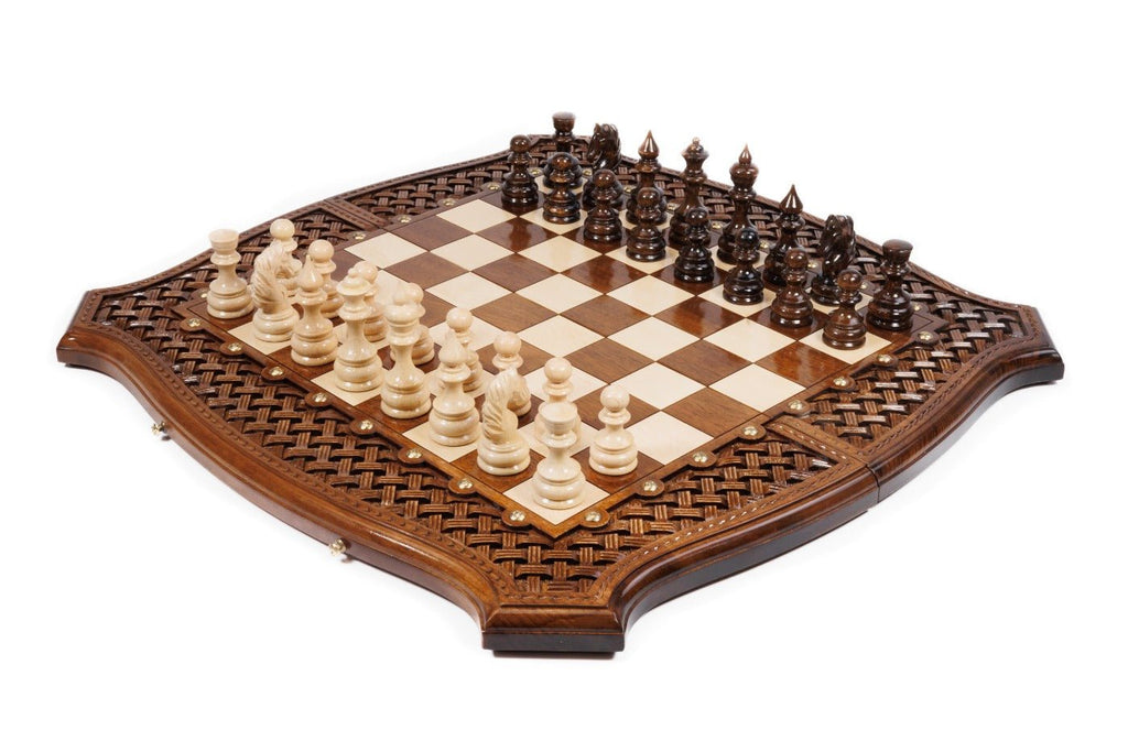Luxury Armenian wooden chess set with braid pattern and incrustation