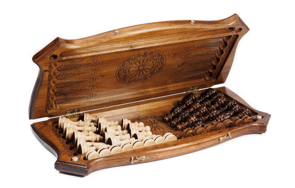 Ornamental Carved Wooden Chess Set & Backgammon 60 cm | 24.7" - Unumperfectus