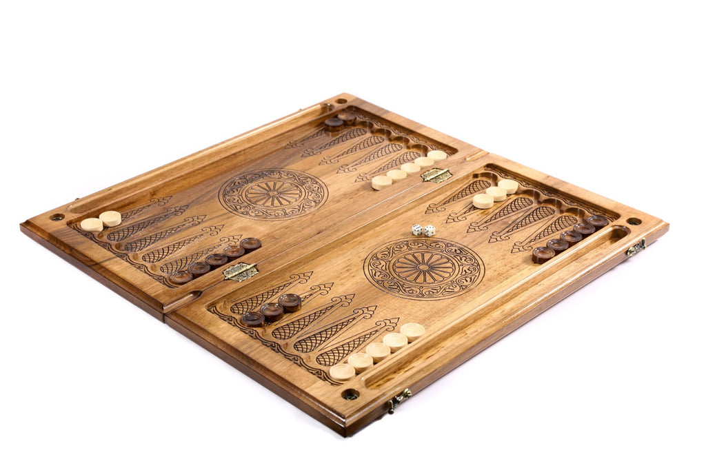 A close-up shot of the eternity wheel's geometric carving, showcasing the depth and precision of the solid wood craftsmanship.