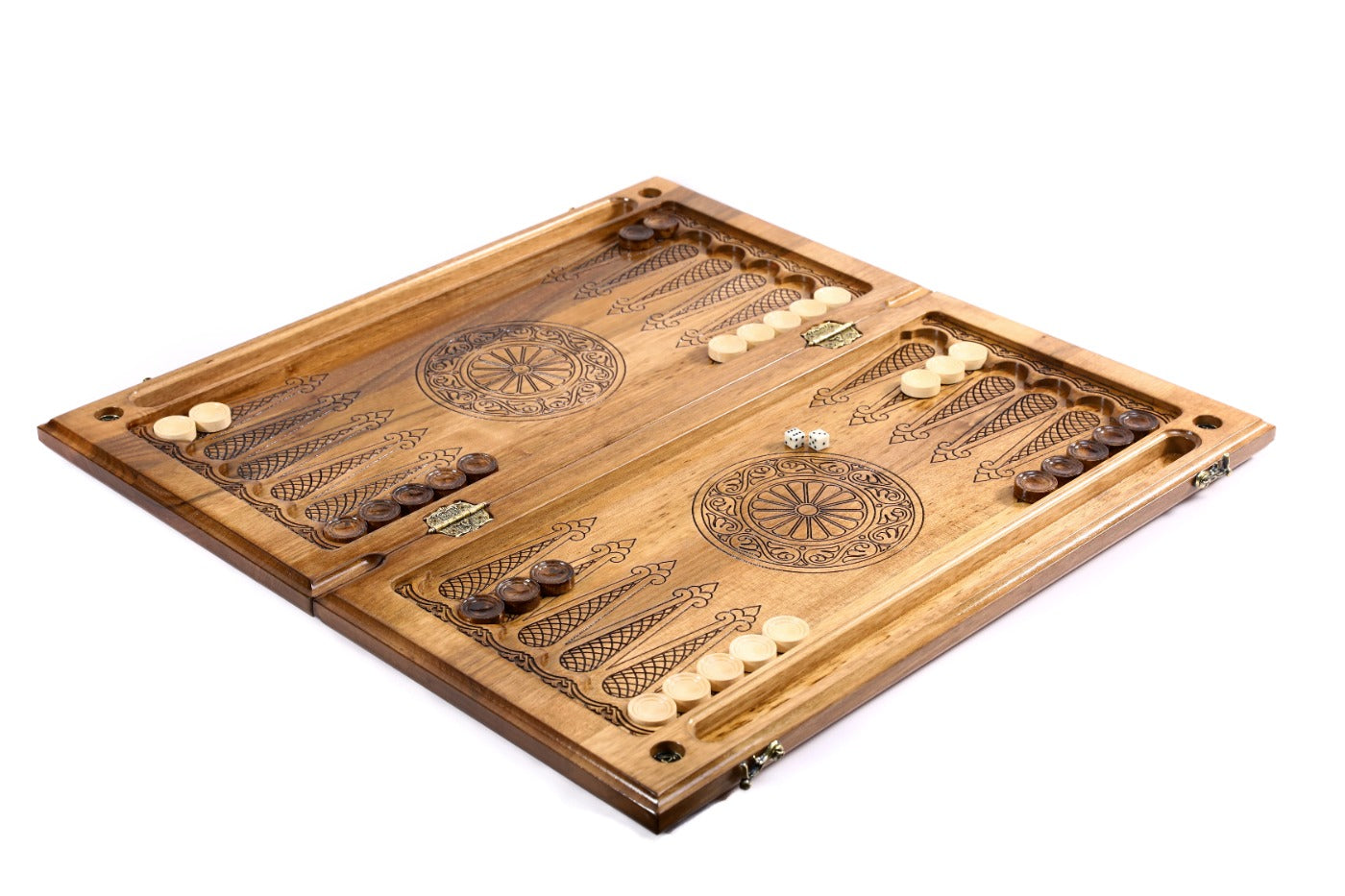 A close-up shot of the eternity wheel's geometric carving, showcasing the depth and precision of the solid wood craftsmanship.