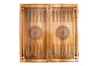 Eternity Symbol backgammon board - playing pieces and dice arranged on the board