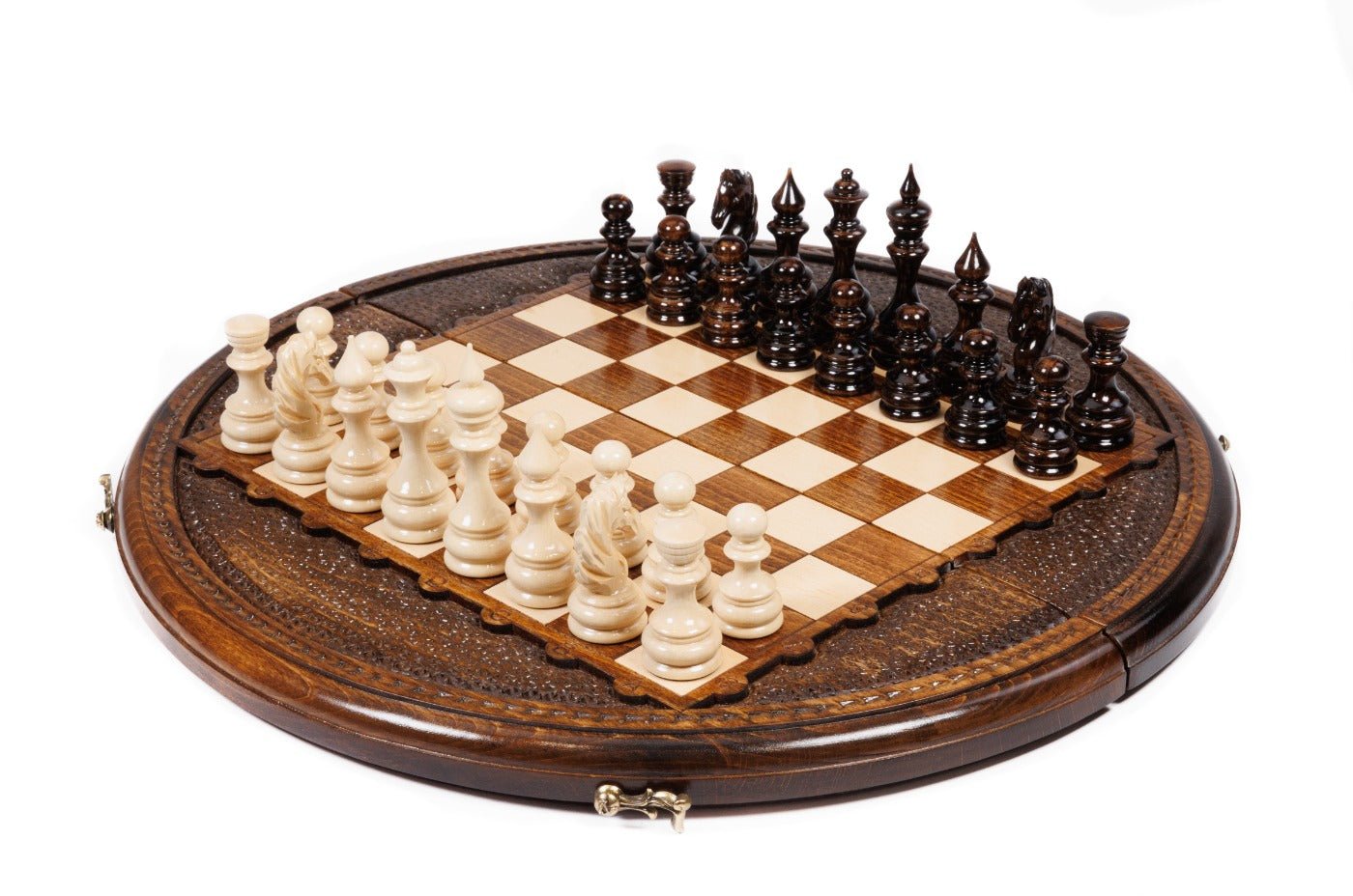 Luxury Armenian circular wooden chess set handcrafted design