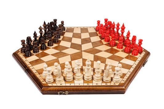 carved wooden three player chess set board