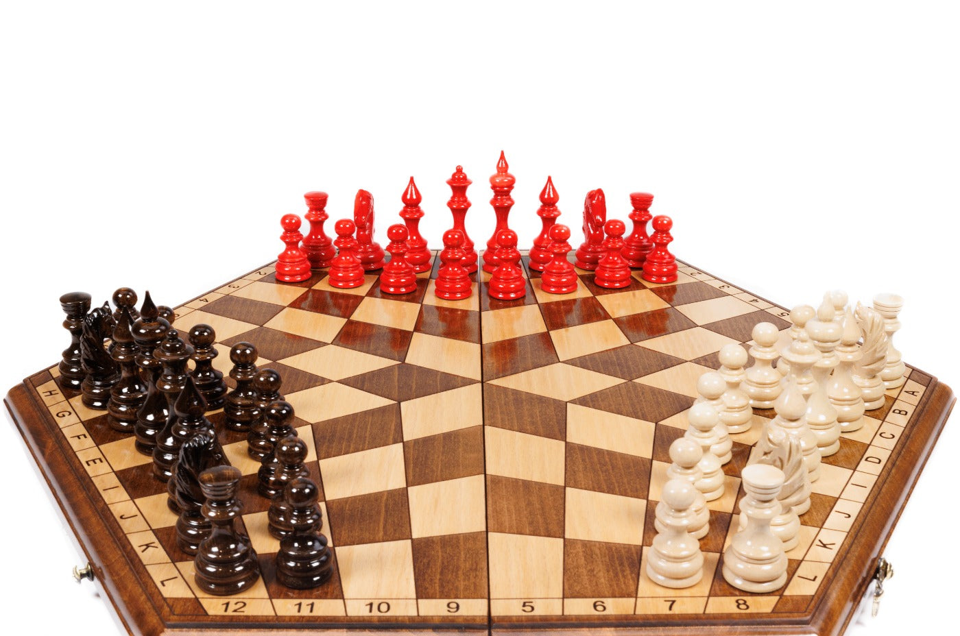 unique chess set for three players with carved design