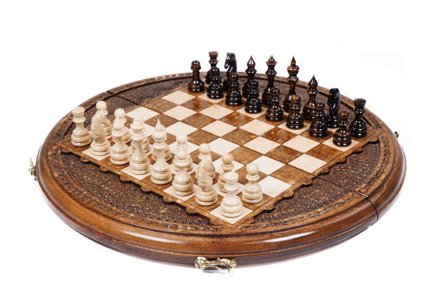 Luxury Armenian circular wooden chess set handcrafted design