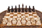 Carved Circular chess set - chess pieces set up for play