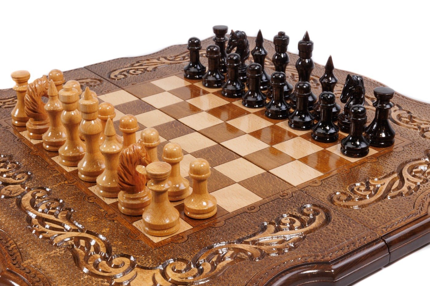 Large chess board with carved ornamental detailing and handcrafted design