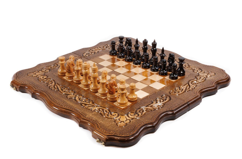 Handmade ornamental wooden chess set and backgammon board 23.6 inch