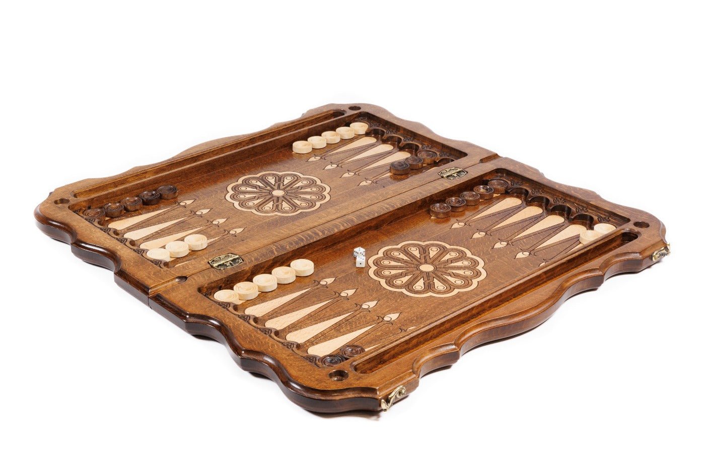Wooden chess set with ornamental pattern and backgammon board