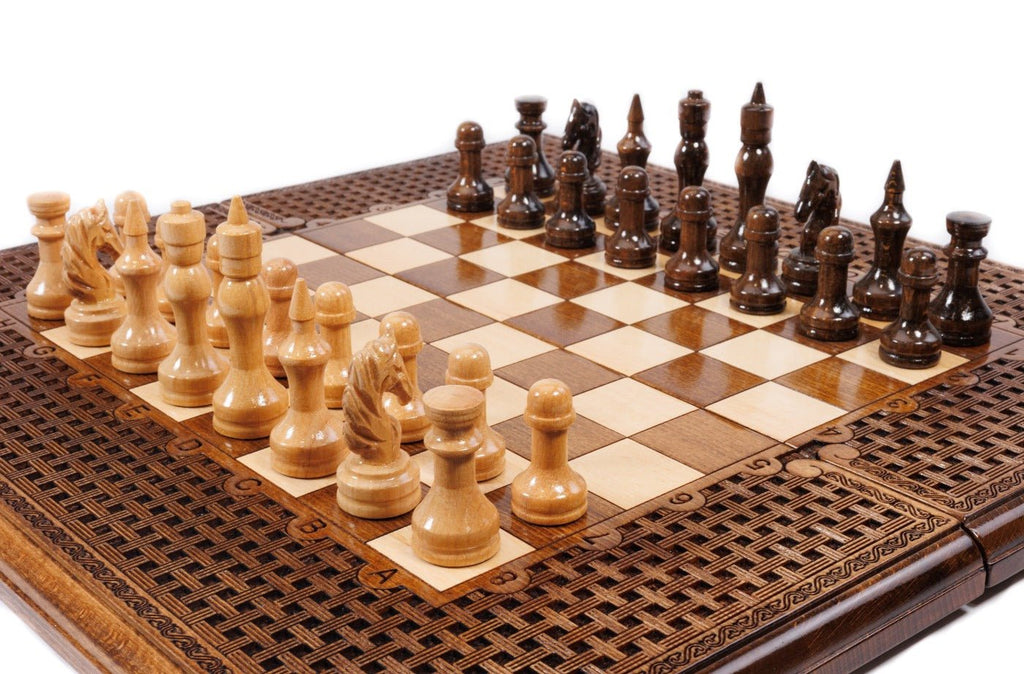 Wooden chess board featuring decorative braid carving and fine craftsmanship