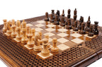Wooden chess board featuring decorative braid carving and fine craftsmanship