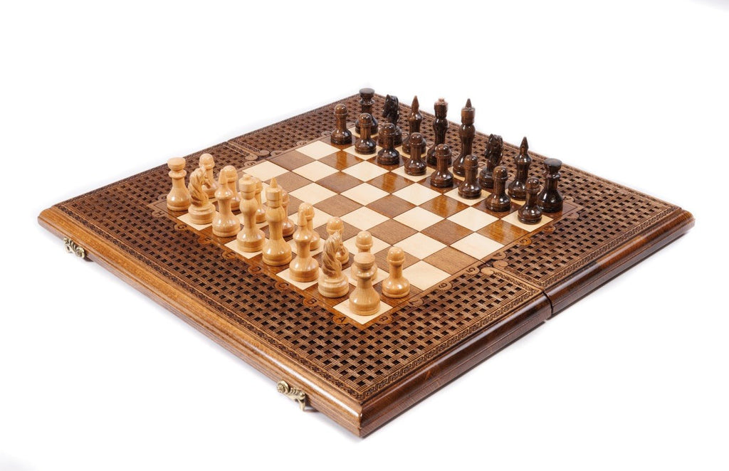 Medium handmade chess and backgammon set with ornamental braid pattern 19.7 inch