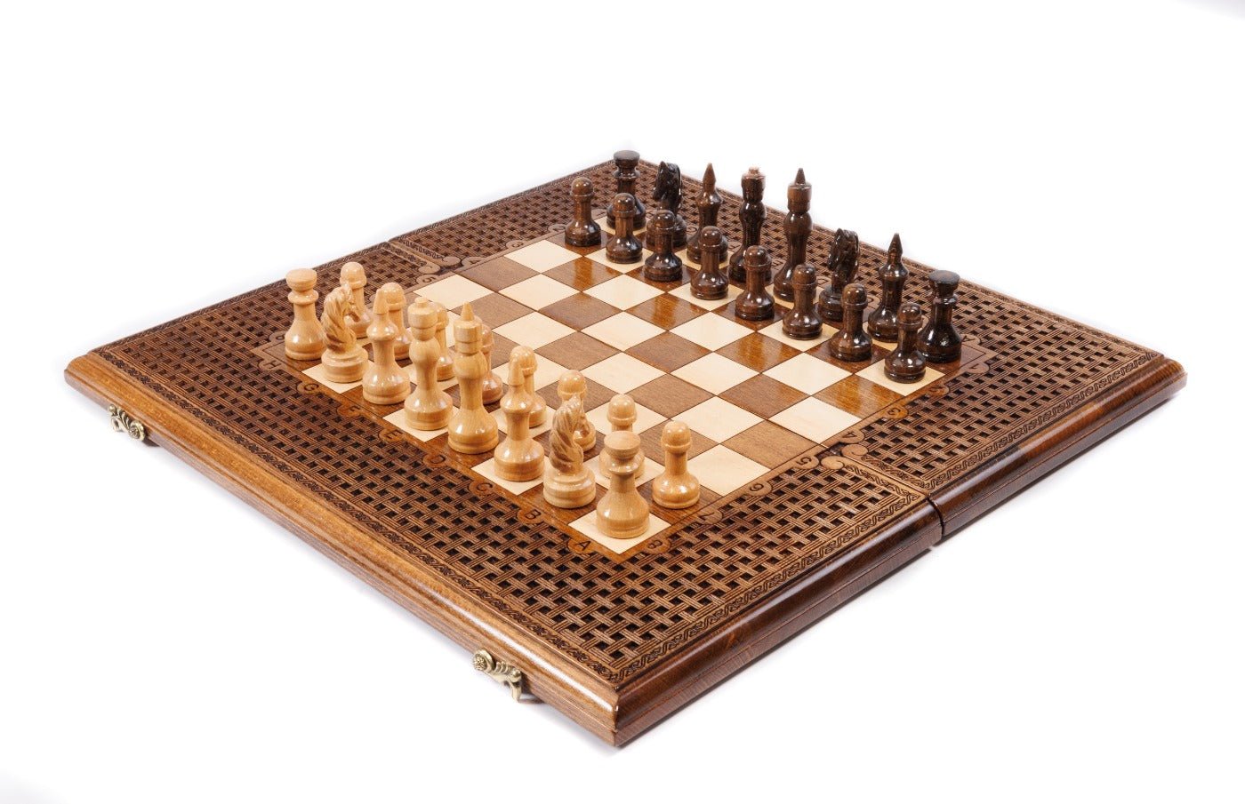 Medium handmade chess and backgammon set with ornamental braid pattern 19.7 inch