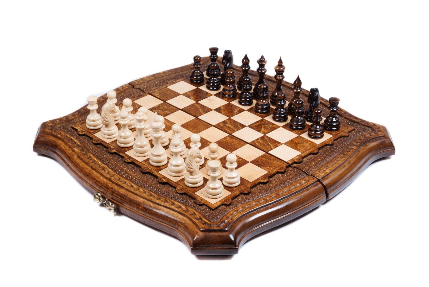 Luxury Armenian chess set with contour outline wooden design
