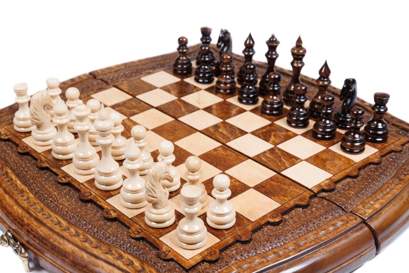 Handcrafted Armenian chess board elegant contour geometric style
