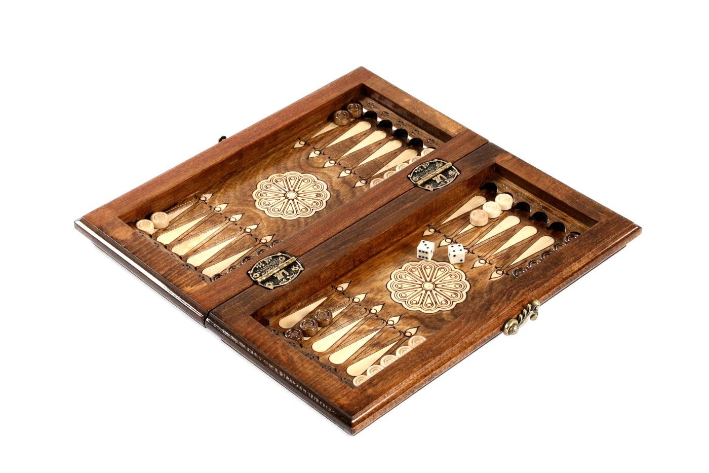 Small wooden backgammon board with classic ornamental pattern