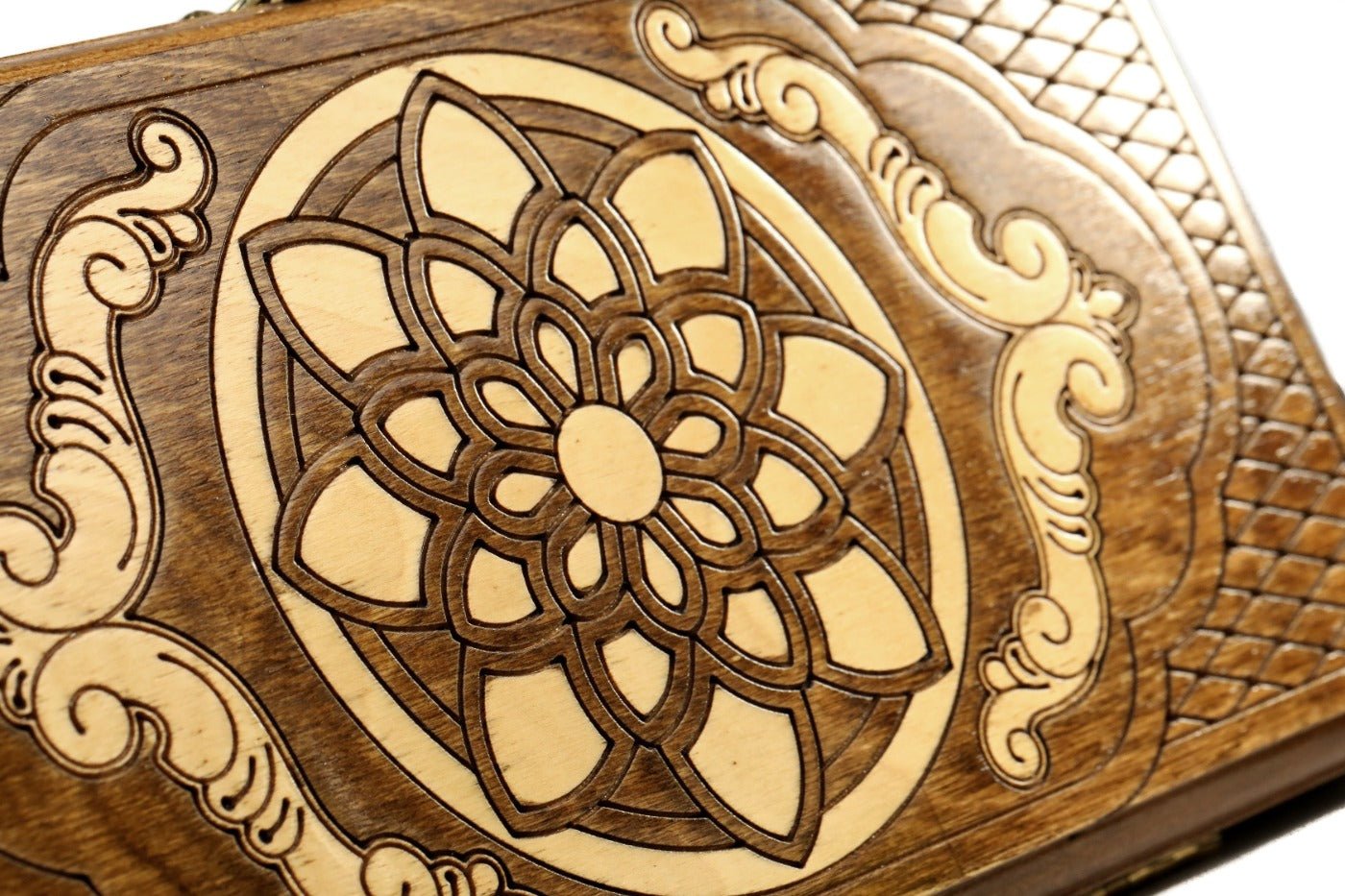 Handcrafted compact backgammon set with decorative carving details