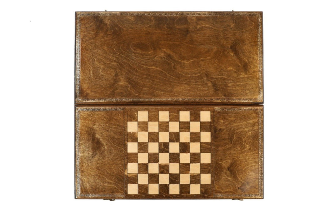 Wooden chessboard with checkered pattern on a white background