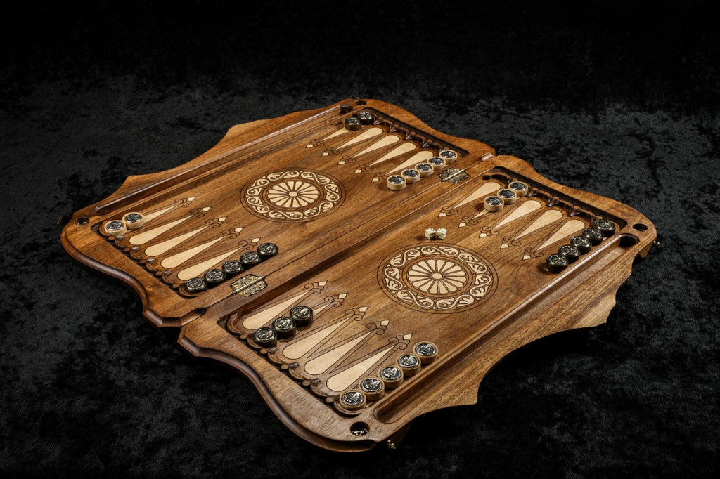 Handmade luxury backgammon set with Noah motif intricate wood inlay and Mount Ararat design
