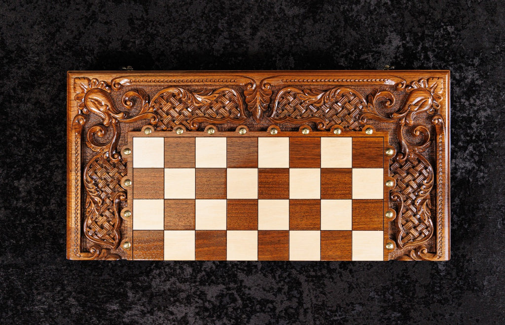 Classic Chess–Backgammon Board with Ornamental Braid Pattern & Epoxy Resin – 60 cm | 23.6"
