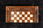 Classic Chess Ornamental Braid Pattern Epoxy Resin chess and backgammon set - close-up of hand-carved chess pieces